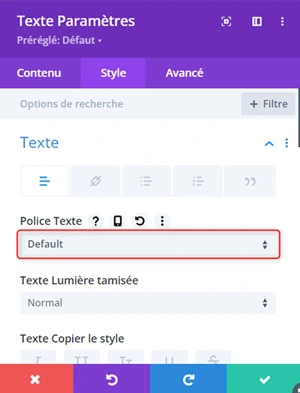 visualisation des paramètres de police dans le module texte Divi