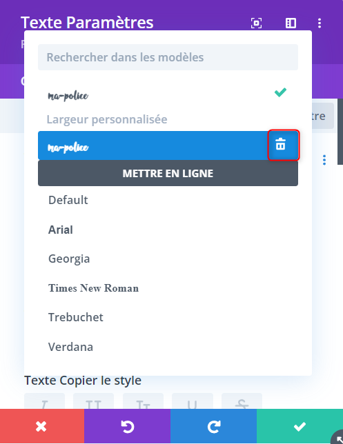 Visualisaiton du module texte de Divi pour la sélection ou la suppression d'une police personnalisée après son installation