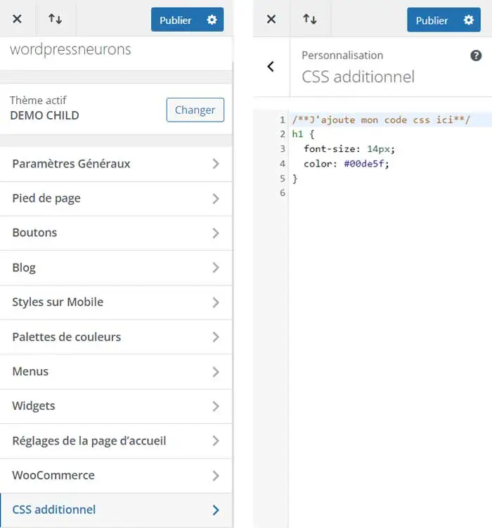 ajouter du code css dans wordpress via l'éditeur de personnalisation du thème